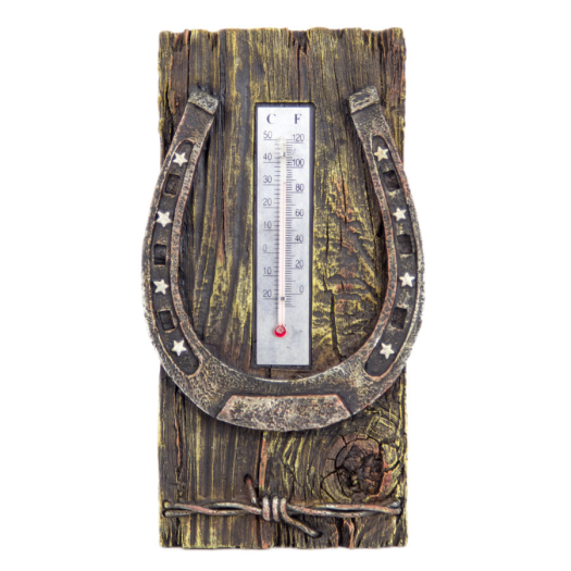 COUNTRY & WESTERN STYLE RESIN HORSE SHOE THERMOMETER WITH DRIFTWOOD
